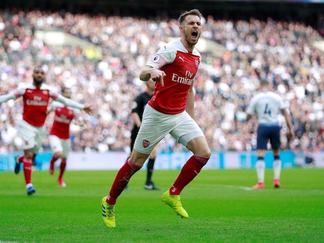 Arsenal midfielder Aaron Ramsey celebrates his opening goal in the North London derby with Tottenham Hotspur on March 2, 2019