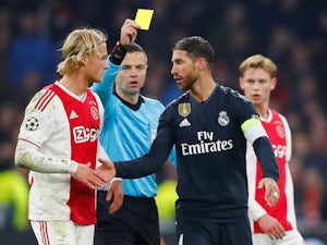 Real Madrid captain Sergio Ramos picks up a yellow card against Ajax in February 2019