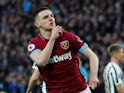 Declan Rice celebrates scoring for West Ham United against Newcastle United on March 2, 2019