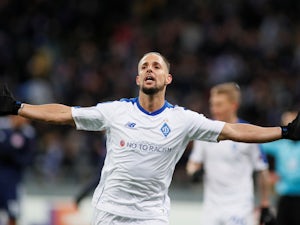 Fran Sol celebrates scoring for Dynamo Kiev in the Europa League on February 21, 2019