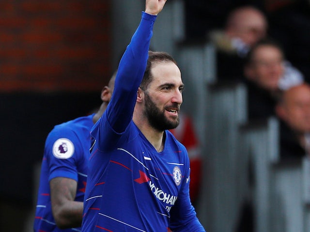 Gonzalo Higuain celebrates getting the opener for Chelsea at Fulham on March 3, 2019