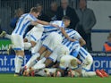 Huddersfield Town players celebrate scoring against Wolves on February 26, 2019