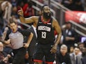 Houston Rockets guard James Harden (13) reacts after scoring a basket during the third quarter against the Miami Heat at Toyota Centre on March 1, 2019