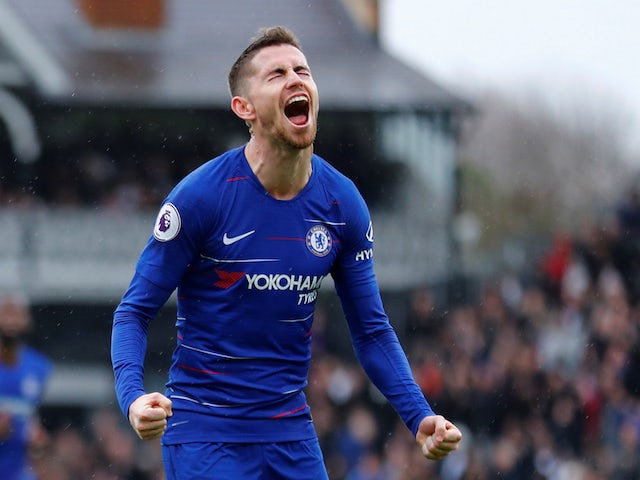 Jorginho celebrates putting Chelsea back ahead at Fulham on March 3, 2019