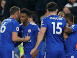 Leicester City's Demarai Gray celebrates scoring their first goal with teammates against Brighton on February 26, 2019