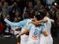 Marseille striker Mario Balotelli celebrates scoring their first goal against Saint-Etienne by taking a selfie with team mates on March 3, 2019