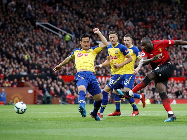 Manchester United's Romelu Lukaku gets a shot away against Southampton in the Premier League on March 2, 2019.