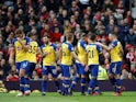 Southampton celebrate Yann Valery's goal against Manchester United in the Premier League on March 2, 2019.