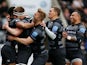 Newcastle Falcons' Zach Kibirige celebrates with teammates after he scores his sides first try against Worcester on March 3, 2019