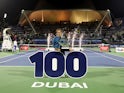 Roger Federer celebrates winning his 100th ATP singles title in Dubai on March 2, 2019