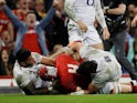 Cory Hill goes over for Wales during their Six Nations clash with England on February 23, 2019