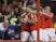 Nottingham Forest's Yohan Benalouane celebrates scoring their first goal with teammates against Derby County on February 25, 2019
