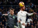 Real Sociedad's Diego Llorente challenges Real Madrid's Sergio Ramos for the ball in January 2019