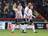 Sheffield United's Mark Duffy celebrates scoring their second goal against Rotherham United on March 8, 2019