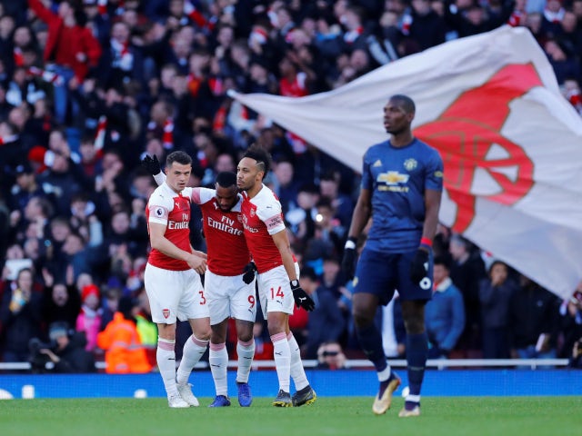 Granit Xhaka celebrates after opening the scoring for Arsenal in their Premier League meeting with Manchester United on March 9, 2019