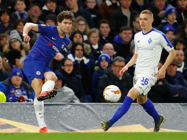 Marcos Alonso and Viktor Tsygankov in action during the Europa League game between Chelsea and Dynamo Kiev on March 7, 2019