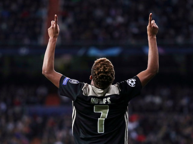 Ajax's David Neres celebrates scoring against Real Madrid in the Champions League on March 5, 2019