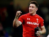 Josh Adams pictured celebrating for Wales in February 2019