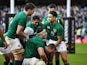 Ireland's Keith Earls celebrates scoring their fourth try with team mates on March 10, 2019