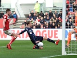Leeds United's Patrick Bamford scores their first goal against Bristol City on March 9, 2019