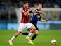 AC Milan's Davide Calabria in action with Inter Milan's Ivan Perisic in their Serie A clash on October 21, 2018