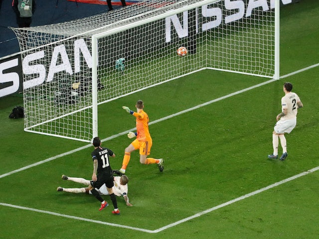 Paris Saint-Germain midfielder Angel Di Maria scores a disallowed goal against Manchester United on March 6, 2019