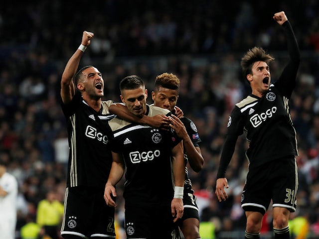 Ajax players celebrate Dusan Tadic's goal against Real Madrid in the Champions League on March 5, 2019