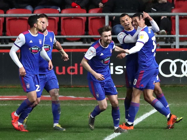 Ipswich Town's Myles Kenlock celebrates their first goal against Bristol City on March 12, 2019