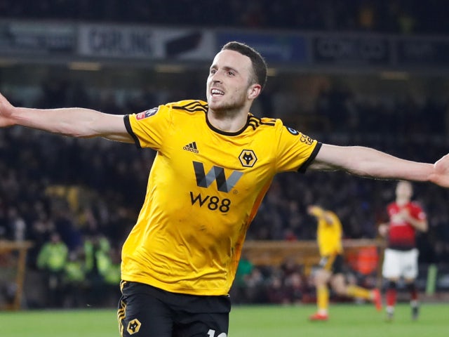 Diogo Jota celebrates after extending Wolverhampton Wanderers' lead against Manchester United on March 16, 2019
