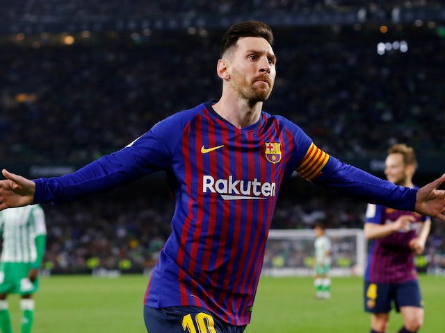 Barcelona's Lionel Messi celebrates completing his hat-trick against Real Betis on March 17, 2019