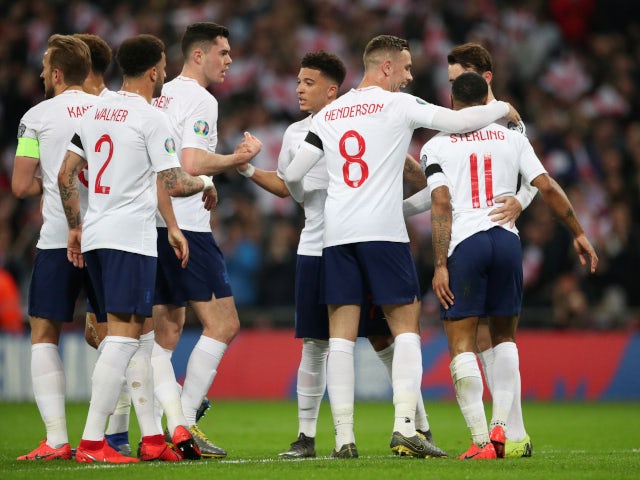 Raheem Sterling is congratulated by his England teammates after opening the scoring against Czech Republic on March 22, 2019