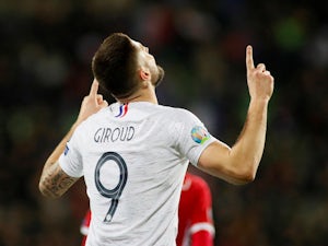 France's Olivier Giroud celebrates scoring their third goal against Moldova on March 22, 2019