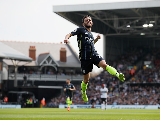 Bernardo Silva celebrates scoring Manchester City's first goal against Fulham in the Premier League on March 30, 2019