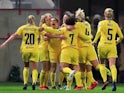 Chelsea's Francesca Kirby celebrates scoring their first goal with teammates on March 27, 2019