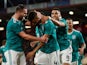 Germany's Felix Uduokhai celebrates scoring their second goal with teammates  against England on March 26, 2019