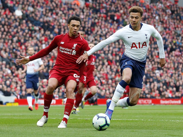 Tottenham Hotspur's Dele Alli in action with Liverpool's Trent Alexander-Arnold in the Premier League on March 31, 2019