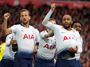 Tottenham Hotspur players celebrate Lucas Moura's goal against Liverpool in the Premier League on March 31, 2019