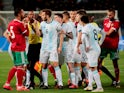 Argentina's German Pezzella clashes with Morocco's Medhi Benatia on March 26, 2019