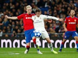 Real Madrid's Federico Valverde in action with CSKA Moscow's Hordur Magnusson during a Champions League clash in December 2018