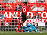 Manchester United's Marcus Rashford scores past Watford's Ben Foster in the Premier League on March 30, 2019