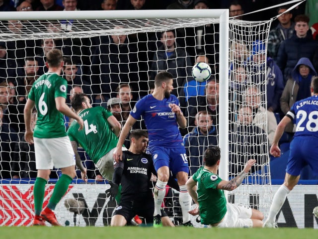 Chelsea's Olivier Giroud scores against Brighton & Hove Albion in the Premier League on April 3, 2019.