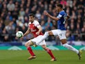 Everton's Dominic Calvert-Lewin in action with Arsenal's Sokratis in the Premier League on April 7, 2019