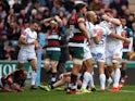Exeter Chiefs celebrate scoring a try against Leicester Tigers on April 6, 2019