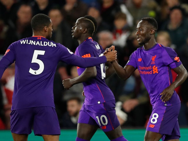 Liverpool's Naby Keita celebrates scoring against Southampton on April 5, 2019