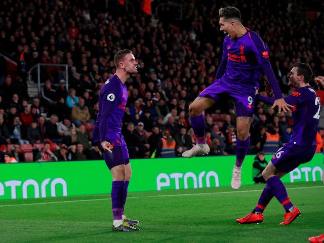 Liverpool captain Jordan Henderson celebrates scoring against Southampton on April 5, 2019