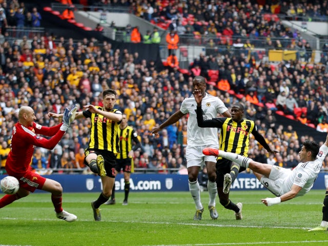Raul Jimenez scores Wolverhampton Wanderers' second goal against Watford on April 7, 2019