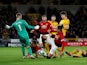 Manchester United's Chris Smalling scores an own goal against Wolverhampton Wanderers in the Premier League on April 2, 2019.