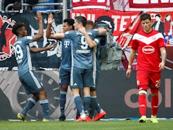 Bayern Munich's Kingsley Coman celebrates scoring their second goal against Fortuna Dusseldorf on April 14, 2019