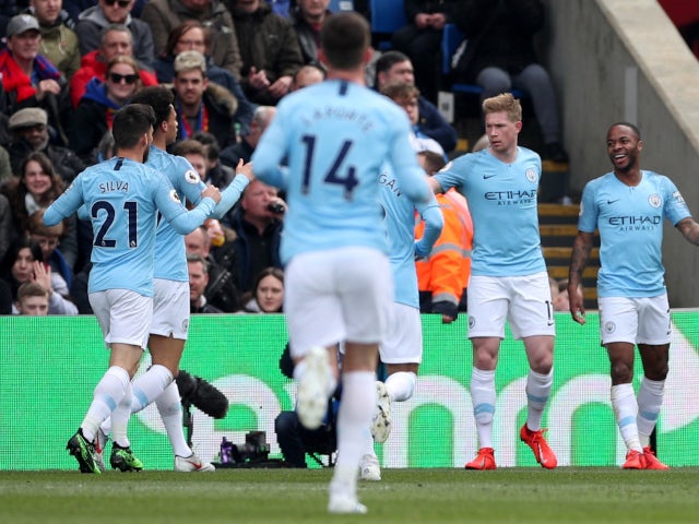Manchester City celebrate opening the scoring against Crystal Palace in the Premier League on April 14, 2019.