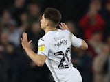 Swansea City's Daniel James celebrates scoring against Stoke City on April 9, 2019